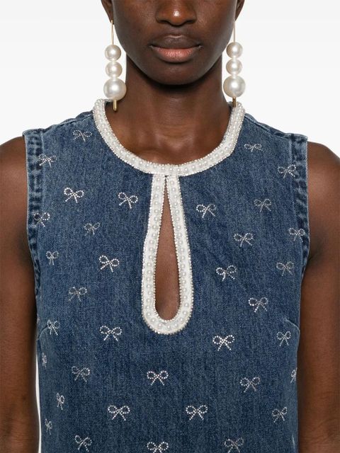 Self-Portrait crystal-bow denim mini dress - Blue
