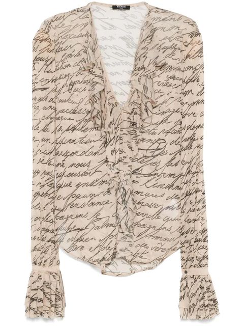 Balmain Love Letter-print ruffled blouse - Neutrals - zdjęcie produktu nr 1