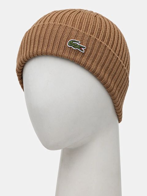 Lacoste czapka wełniana kolor brązowy z cienkiej dzianiny wełniana RB0001 - zdjęcie produktu nr 2