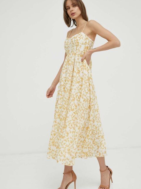 Bardot sukienka kolor beżowy midi rozkloszowana - zdjęcie produktu nr 1