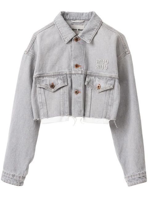 Miu Miu logo-appliqué cropped denim jacket - Grey - zdjęcie produktu nr 1