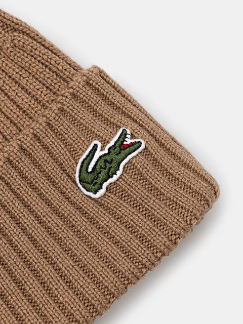 Lacoste czapka wełniana kolor brązowy z cienkiej dzianiny wełniana RB0001 - zdjęcie produktu nr 2