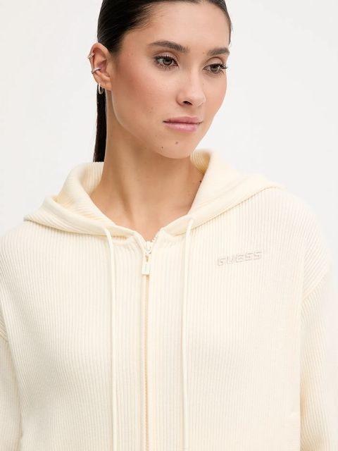 Guess bluza z domieszką wełny FLAMINIA kolor beżowy z kapturem gładka V5BR05 Z3JD2