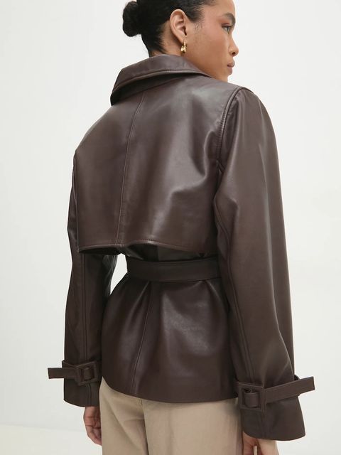 Answear.LAB kurtka skórzana kolor brązowy przejściowa