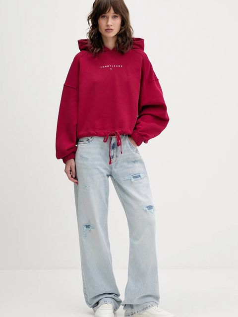 Tommy Jeans bluza bawełniana damska kolor różowy z kapturem z nadrukiem DW0DW21607