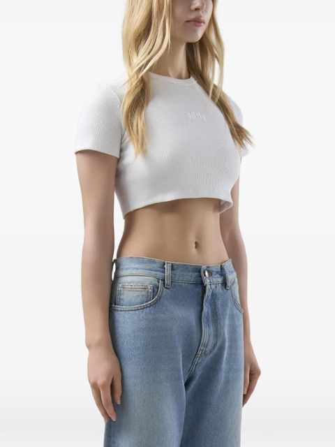 GCDS logo-embroidered crop T-shirt - White