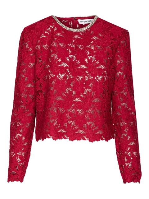 Self-Portrait crystal-collar lace blouse - Red - zdjęcie produktu nr 1