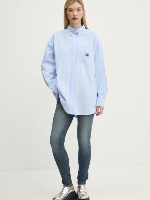 Tommy Jeans koszula bawełniana damska kolor niebieski relaxed z kołnierzykiem klasycznym DW0DW19357