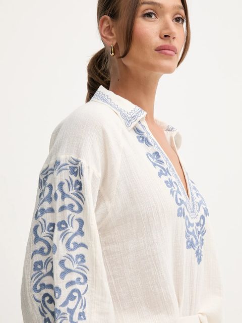 Hoss Intropia bluzka z lnem damska kolor beżowy z aplikacją 6282664