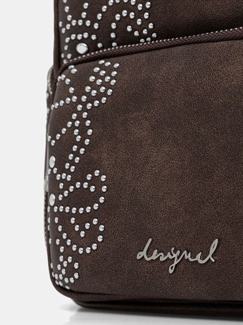 Desigual plecak POKER FACE CHEST damski kolor brązowy mały z aplikacją 25WAKP22