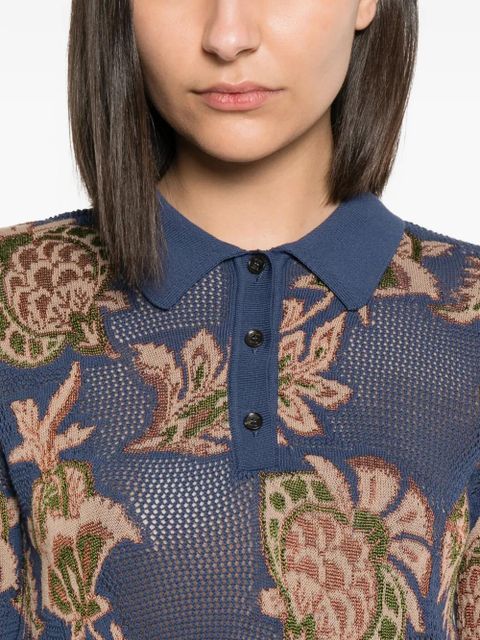 ETRO floral-intarsia mesh-knit polo top - Blue