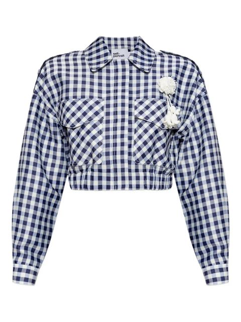 Self-Portrait check-print pom-pom jacket - Blue - zdjęcie produktu nr 1