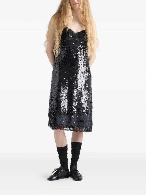 Prada sequinned lace-trim velvet midi dress - Black