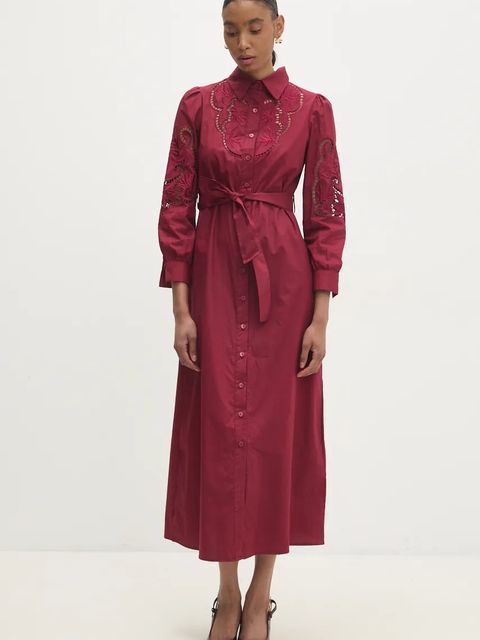 Answear Lab sukienka bawełniana kolor bordowy midi rozkloszowana - zdjęcie produktu nr 1