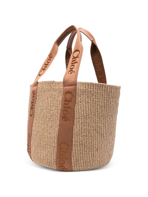 Chloé Large Woody raffia logo tote bag - Neutrals