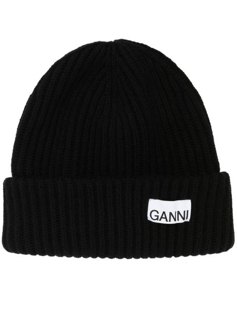 GANNI logo-patch ribbed-knit beanie - Black - zdjęcie produktu nr 1
