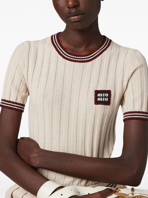 Miu Miu logo-appliqué cashmere top - Neutrals