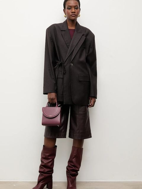 Answear.LAB spodnie skórzane damskie kolor bordowy szerokie high waist