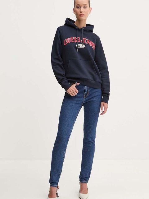 Guess Jeans bluza damska kolor granatowy z kapturem z aplikacją W4YQ09 KC811