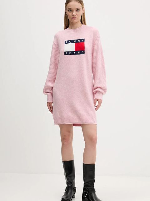 Tommy Jeans sukienka z domieszką wełny kolor różowy mini oversize DW0DW21462