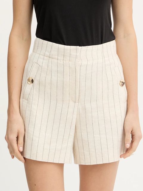 Morgan szorty z domieszką lnu damskie kolor beżowy wzorzyste high waist SHIZ.F - zdjęcie produktu nr 1