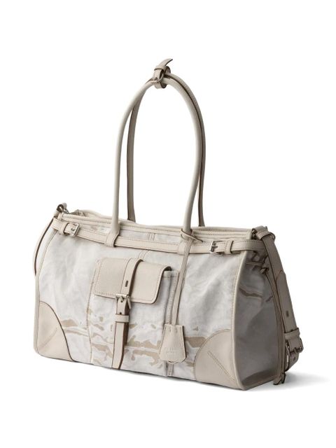 Prada Bonnie large printed linen and leather handbag - Neutrals