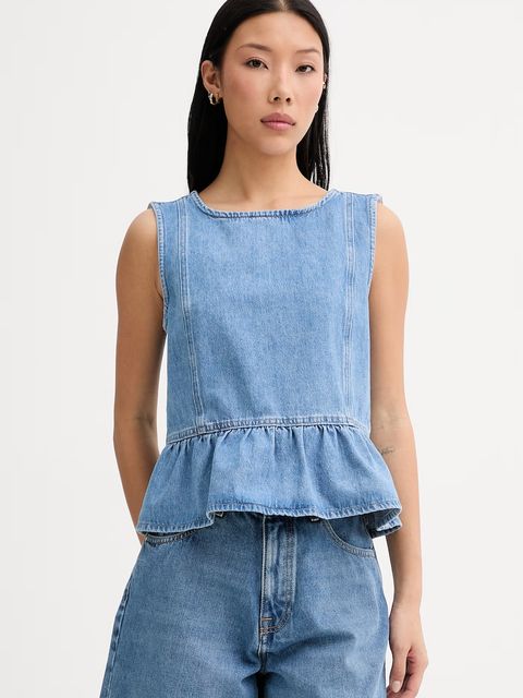 Marc O'Polo bluzka z falbanką damska jeansowa - zdjęcie produktu nr 1