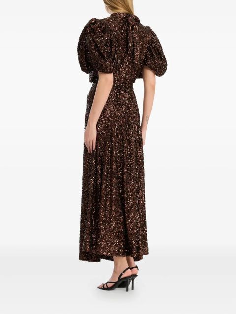 ROTATE BIRGER CHRISTENSEN sequin-embellishment puff-sleeve midi dress - Brown