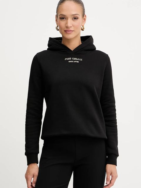 Just Cavalli bluza bawełniana damska kolor czarny z kapturem z nadrukiem 79PAIT01 CF502 - zdjęcie produktu nr 1