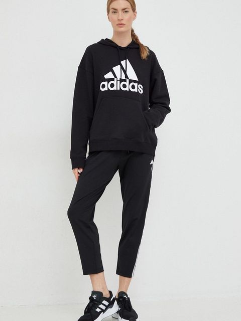 adidas bluza bawełniana damska kolor czarny z kapturem z nadrukiem