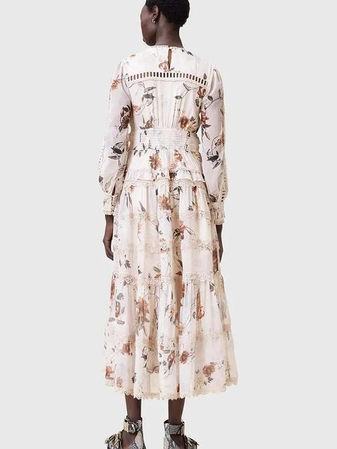 AllSaints sukienka ZORA MIDI kolor beżowy midi rozkloszowana W084DC