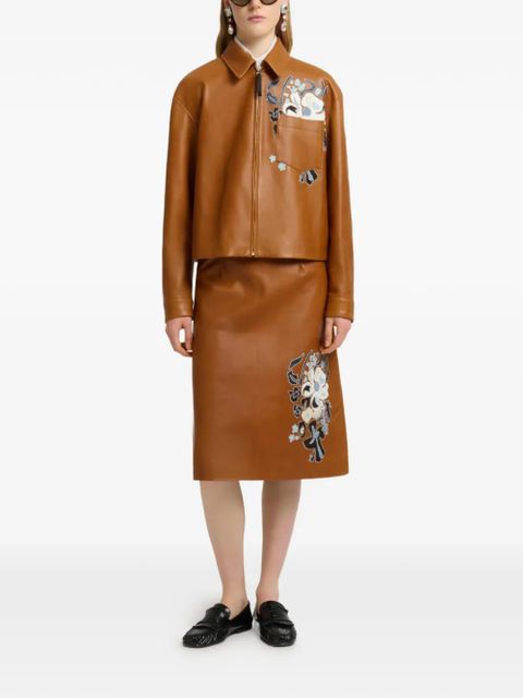 Marni floral intarsia leather overshirt - Brown - zdjęcie produktu nr 2