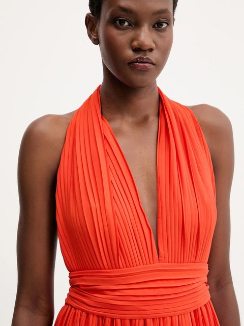 Bardot sukienka kolor pomarańczowy maxi rozkloszowana 60031DB