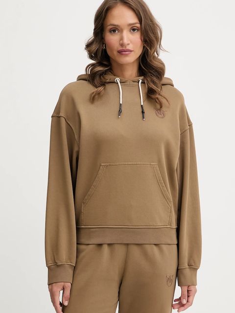 Pinko bluza bawełniana damska kolor brązowy z kapturem gładka 105507 A2RB - zdjęcie produktu nr 1