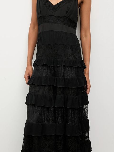 Answear.LAB sukienka z domieszką lnu kolor czarny maxi rozkloszowana