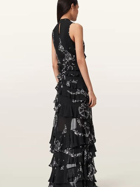 AllSaints sukienka wiskozowa CADY kolor czarny midi rozkloszowana W004DD