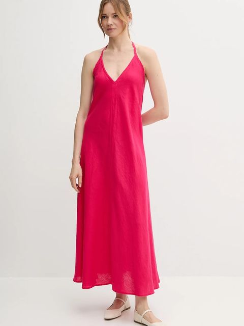 United Colors of Benetton sukienka lniana kolor różowy maxi rozkloszowana 4AGHDV0BF - zdjęcie produktu nr 1