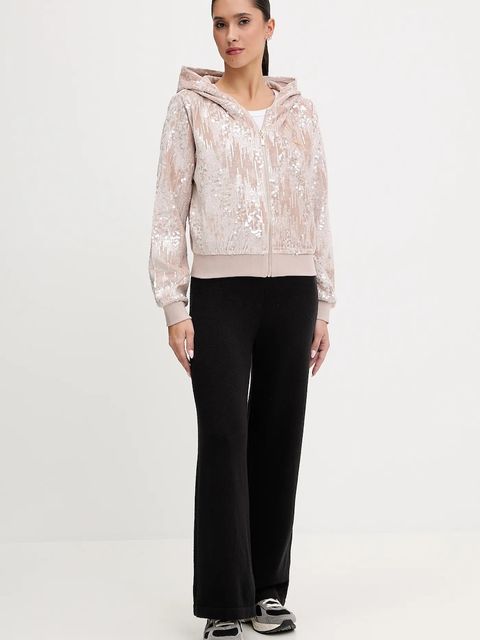 Guess bluza damska kolor beżowy z kapturem z aplikacją V5BQ02 K1922