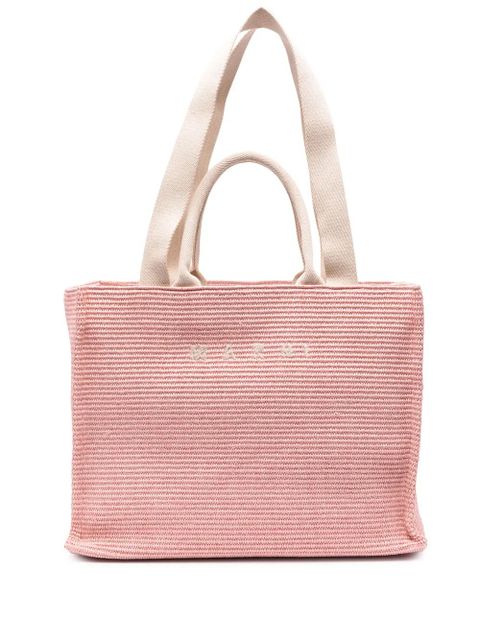 Marni logo-embroidered raffia tote bag - Pink