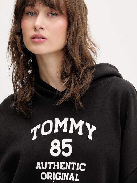 Tommy Jeans bluza bawełniana damska kolor czarny z kapturem z nadrukiem DW0DW22603