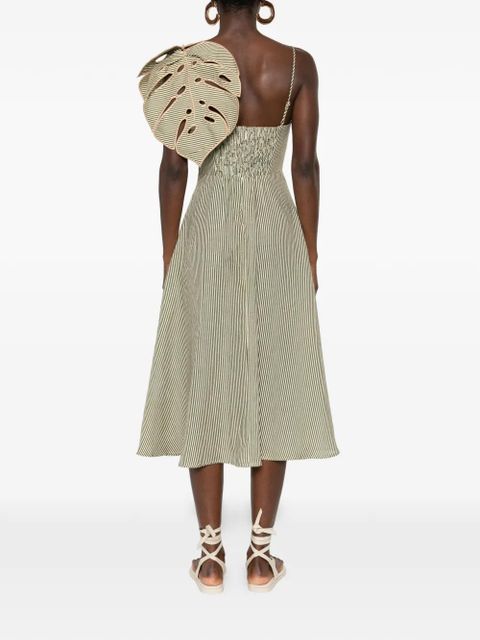 FARM Rio striped leaf-detail midi dress - Neutrals