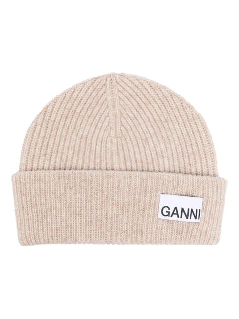 GANNI logo-patch ribbed-knit beanie - Neutrals - zdjęcie produktu nr 1