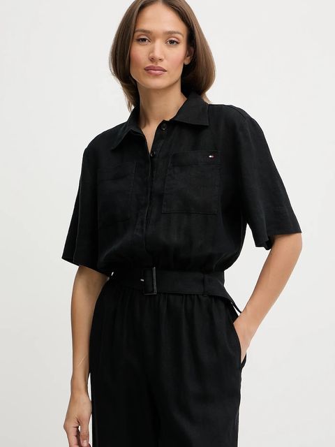 Tommy Hilfiger kombinezon lniany kolor czarny z kołnierzykiemm WW0WW47168