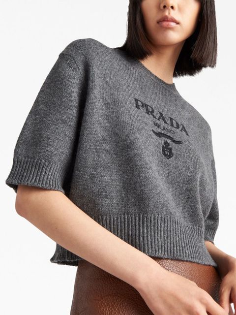 Prada logo-intarsia cropped wool jumper - Grey